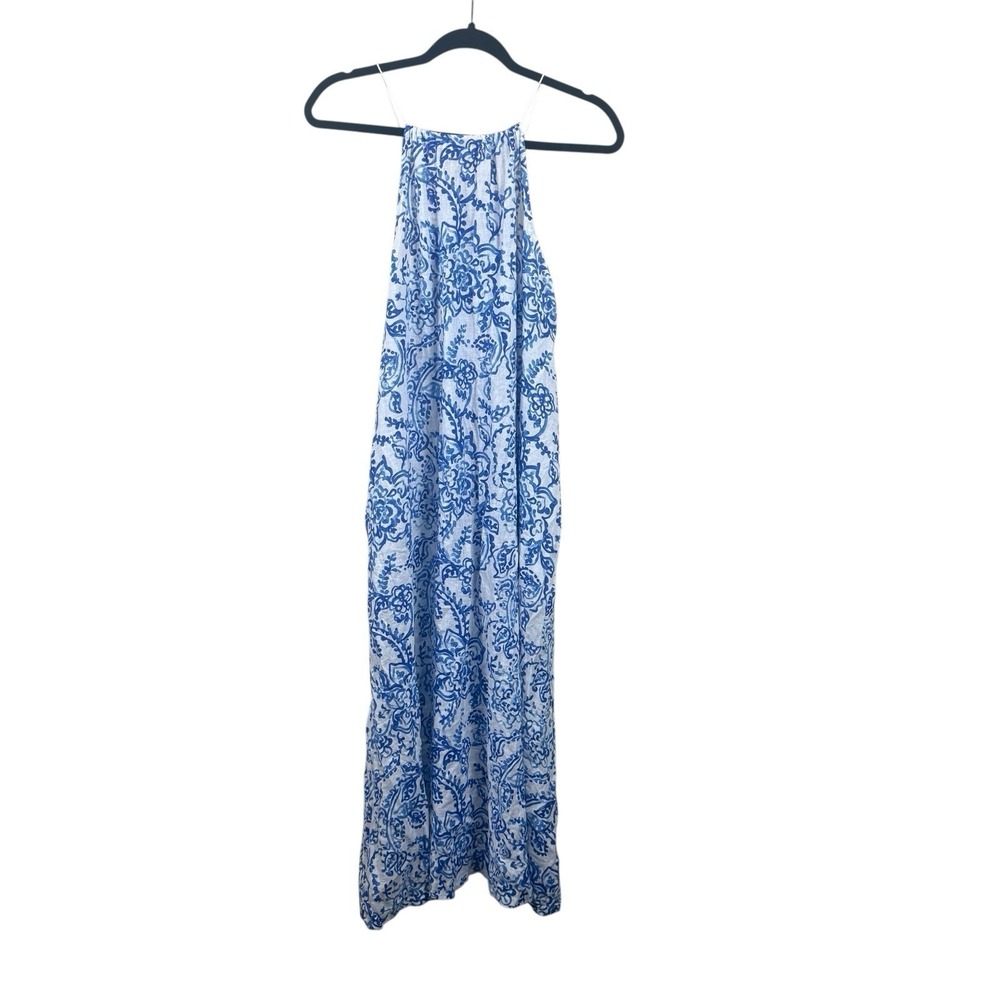 Caroline Constas Sun Dress Size Small Blue White Floral with Pockets Beach Party